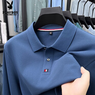 花花公子春秋季長(cháng)袖T恤男士全棉下擺開(kāi)叉POLO衫帶領(lǐng)中年休閑純色上衣 長(cháng)袖19131湖藍棉 M 165
