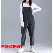 HKWZ300斤胖妹加肥加大碼女裝胖mm牛仔背帶褲女顯瘦長褲寬松200春秋裝 灰色（單件背帶褲） 5XL (建議180-195斤)