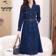 啄木鳥(niǎo)長(cháng)袖牛仔襯衫連衣裙女秋裝2025年早秋季新款女裝復古連身裙子 2186-【送棕色腰帶】- S 【80-95斤】