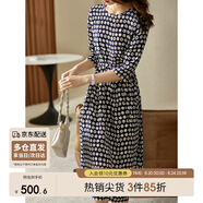 尚都比拉[100%桑蠶絲]高級感波點(diǎn)印花真絲連衣裙女輕奢裙子 藏藍底花色 L