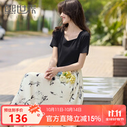 熙世界（sllsky）輕國風(fēng)水墨印花假兩件連衣裙夏新款短袖拼接收腰a字裙子 黑撞白 2XL