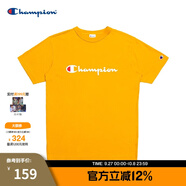 Champion夏季經典款印花草寫LOGO圓領休閑運動T恤無性別冠軍短袖男女情侶 黃色(偏?。?M