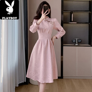 花花公子（PLAYBOY）粉色改良旗袍新中式敬酒服新娘女秋冬訂婚禮服長(cháng)袖回門(mén)伴娘長(cháng)裙子 粉色 L