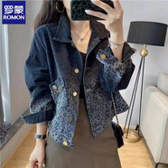 羅蒙2025黑色復(fù)古豹紋牛仔外套女春季時尚短款夾克上衣新款 藍(lán)色豹紋外套8162# XL 建議125-135斤