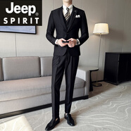 JEEP SPIRIT吉普西裝馬甲套裝男商務(wù)韓版修身馬夾雙排扣V領(lǐng)設計新郎伴郎西裝 黑色【西服+馬甲+西褲】 M