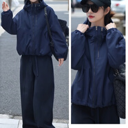 面料故事羅芬旗艦店女裝秋冬時(shí)尚休閑運(yùn)動(dòng)防風(fēng)保暖夾棉沖鋒衣外套 深藍(lán)色外套 S