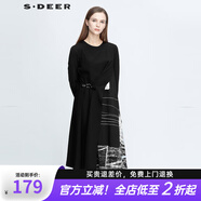 sdeer圣迪奧冬季女裝保暖舒適自然腰通勤涂鴉印花拼接不規(guī)則長(zhǎng)袖連衣裙S20481210 黑色/91 M/165