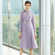 AD秋季氣質(zhì)連衣裙中長(cháng)款工裝女神范長(cháng)袖優(yōu)雅雙排扣馬卡龍紫色大擺裙 紫色連衣裙 S