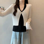 NYIG假兩件掛脖V領(lǐng)正肩針織衫女2025早秋大碼胖mm獨特小衫打底衫上衣 白色針織衫【秋季/秋裝/早秋/秋 L (100-120斤)