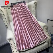 皮爾卡丹（pierre cardin）秋冬半身裙金絲絨腰帶百褶裙金屬色珍珠光澤中長(cháng)款高腰a字裙休閑 粉紅色 均碼