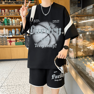 美特斯邦威（Meters Bonwe）初高中學(xué)生冰絲短袖t恤男青少年夏裝帥氣大童七分袖休閑運動(dòng)套裝 S28黑色套裝 M 建議80-110斤