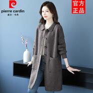 皮爾卡丹（pierre cardin）秋冬新款小翻領(lǐng)亮絲中長(zhǎng)款針織衫毛衣女裝有彈力口袋設(shè)計(jì)感 花灰 均碼