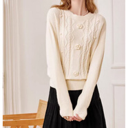 SATCHI歐美甜美寬松花朵繡花圓領(lǐng)毛衣溫柔感針織衫上衣立體扭花女裝 米白色 均碼 【80-120斤】