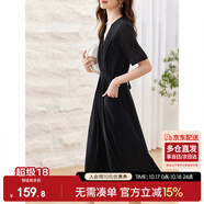尚都比拉夏季優(yōu)雅氣質(zhì)女神范V領(lǐng)腰帶收腰顯瘦連衣裙女中長裙 黑色 M