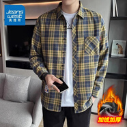 真維斯（Jeanswest）格子襯衫男款春秋季2025新款潮牌美式長(cháng)袖襯衣男士上衣加絨外套男 藍黃格 加絨款 XL