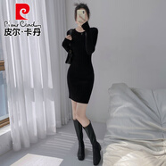 皮爾卡丹（pierre cardin）圓領(lǐng)針織連衣裙女2025秋冬修身內(nèi)搭配大衣收腰包臀打底毛衣短裙子 黑色 S 80-100斤