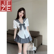 JEZE學(xué)院風(fēng)jk制服套裝女夏季甜美海軍領(lǐng)收腰短袖襯衫高腰半身裙兩件套 襯衫+蝴蝶結 M 【建議95-105斤】