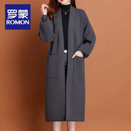 羅蒙（ROMON）大碼女裝中長款過膝針織開衫春秋款休閑腰帶外搭毛衣外套加厚洋氣 灰色配腰帶 L 建議105-115