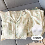 木清清圓點(diǎn)可愛小狗春秋季帶胸墊睡衣女長袖純棉紗胖MM200斤夏天家居服 云朵棉【固定胸墊】薄荷奶綠【長袖長褲】 M 女款(建議75-100斤)