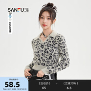 三福毛衣2024冬季V字翻領(lǐng)豹紋短款時尚上衣女裝495139 炭灰豹紋 S