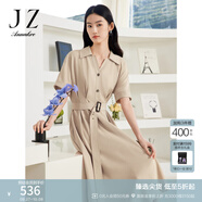 玖姿·安娜蔻純色襯衫連衣裙女夏款通勤OL風(fēng)收腰顯瘦長(zhǎng)裙 卡其 XL