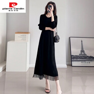 皮爾卡丹2025秋款流蘇長(cháng)袖連衣裙中長(cháng)款高個(gè)子打底裙子遮肚子肉肉收腰顯瘦 黑色 S 80-90斤