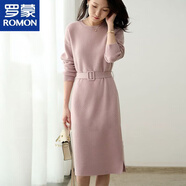 羅蒙針織連衣裙秋冬新款2025氣質(zhì)圓領(lǐng)長(cháng)袖中長(cháng)款配大衣收腰法式毛衣裙 粉色 S 【建議80-95斤】