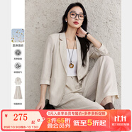 梵希蔓燕麥色亞麻通勤套裝女2025年春季新款西裝外套闊腿褲兩件套 A0151 燕麥色 M