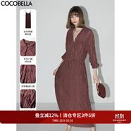 COCOBELLA重工壓褶炒色連衣裙長(zhǎng)袖襯衫裙吊帶裙兩件套FR0019-2 酒紅色(古法蘇木炒色) S