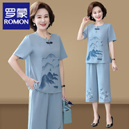 羅蒙（ROMON）媽媽套裝夏裝唐裝奶奶裝女50歲60中上衣夏季短袖兩件套老年人衣服 藍色套裝 3XL (建議120-135斤)