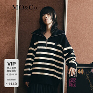 MO&Co.【美麗諾羊毛】 原創(chuàng  )LOGO條紋毛衣翻領(lǐng)上衣女拉鏈毛衣針織衫 黑白條色-第2批 M 165