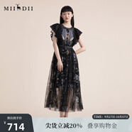 謎底仙女裙2022夏季飛飛袖質(zhì)感收腰顯瘦蕾絲連衣裙222GL0504 黑色花 L