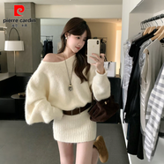 皮爾卡丹（pierre cardin）2025新款韓系穿搭一字肩長(cháng)袖連衣裙子女秋冬季內搭打底毛衣包臀裙 米白色【版+腰帶】 S