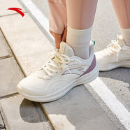 安踏運動(dòng)鞋女鞋秋冬皮面防潑水減震軟底輕質(zhì)休閑跑步鞋旅游訓練鞋子女 【加絨-防潑水皮面】白/香芋紫-12 36.5