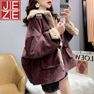 JEZE羊羔毛工裝燈芯絨外套女秋冬季寬松百搭毛毛保暖加絨加厚棉衣棉服 紫色 M 95-110斤