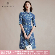 MORELINE沐蘭法式優(yōu)雅印花連衣裙2025春新款設計感立領七分袖襯衫裙中長款 蘭白花 2XL