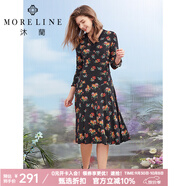 MORELINE沐蘭商城同款設計感印花連衣裙2023秋季新款優(yōu)雅法式蕾絲中長(cháng)裙 克黃花 XL 42
