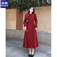 羅蒙大碼小香風(fēng)紅色連衣裙女秋冬胖mm收腰加厚新中式甜辣新年戰袍裙子 紅色長(cháng)裙 M 85-100斤