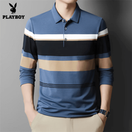 花花公子（PLAYBOY）薄款中青年男士t恤長(cháng)袖翻領(lǐng)條紋真口袋polo衫長(cháng)袖男體恤 923蘭色 M 16548