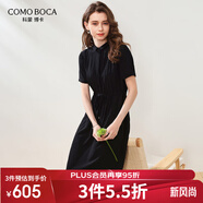科蒙博卡2024春夏真絲新款復(fù)古短袖連衣裙女寬松壓褶桑蠶絲裙子 黑色 2XL