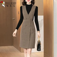 啄木鳥(niǎo)毛呢背心裙女中長(cháng)款2025秋冬秋新款氣質(zhì)V領(lǐng)背帶連衣裙無(wú)袖OL馬甲 咖色背心裙 M 85-100斤