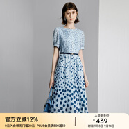 顏域時尚波點連衣裙2024新款女夏季通勤藍(lán)色圓領(lǐng)中長款短袖裙子女 藍(lán)波點 S/36