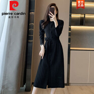 皮爾卡丹（pierre cardin）2025秋冬季長袖針織連衣裙中長款A字裙單排扣內搭毛衣赫本小黑裙 黑色 M