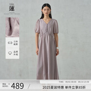 阿依蓮【商場同款】氣質連衣裙子女夏季2025新款高級感V領收腰顯瘦長裙 云灰紫 L