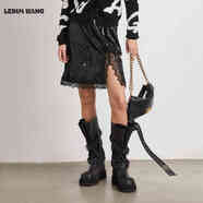 LEDIM WANG白標夜光漣漪蕾絲亮片半身裙女25秋冬新款開(kāi)叉黑色短裙 黑色（預售） S 【身高160-165，體重47.5-55】