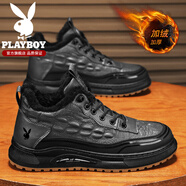 花花公子（PLAYBOY）皮鞋男鞋冬季新款加絨保暖棉鞋商務(wù)休閑真皮鞋子男運動(dòng)黑色板鞋 灰色【加絨款】 44