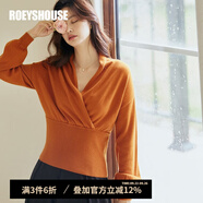 ROEYSHOUSE羅衣輕奢48%綿羊毛套頭毛衣女秋裝新款V領(lǐng)蝙蝠袖針織衫07005 陽光橙 M