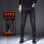 才子（TRIES）2025男士潮牌春款牛仔褲直筒休閑修身彈力 小腳褲 黑色 29