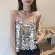 歐美百搭無(wú)袖上衣夜店蹦迪短款性感辣妹閃閃亮片吊帶背 白色現貨 S