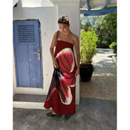 HUALIN FASHION歐美女裝2025夏印花露背高腰連衣裙 酒紅色 S